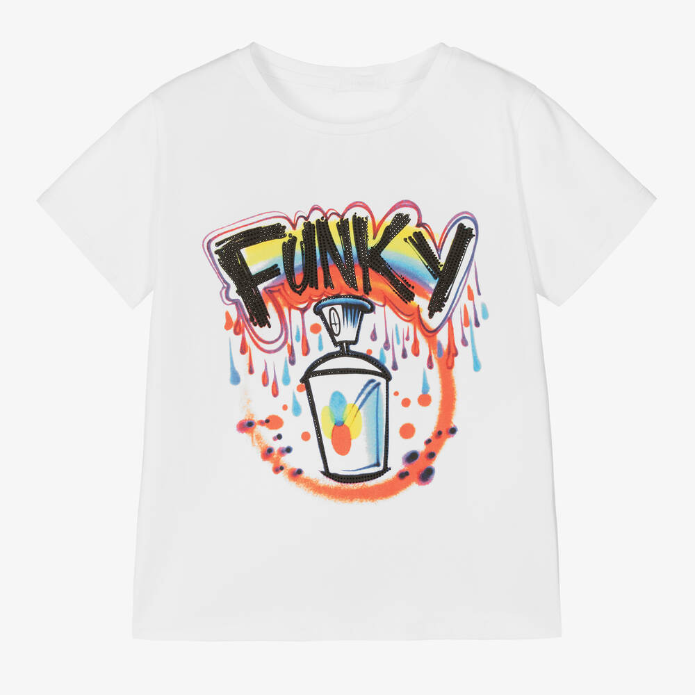 Fun & Fun - Girls White Cotton Graphic T-Shirt | Childrensalon