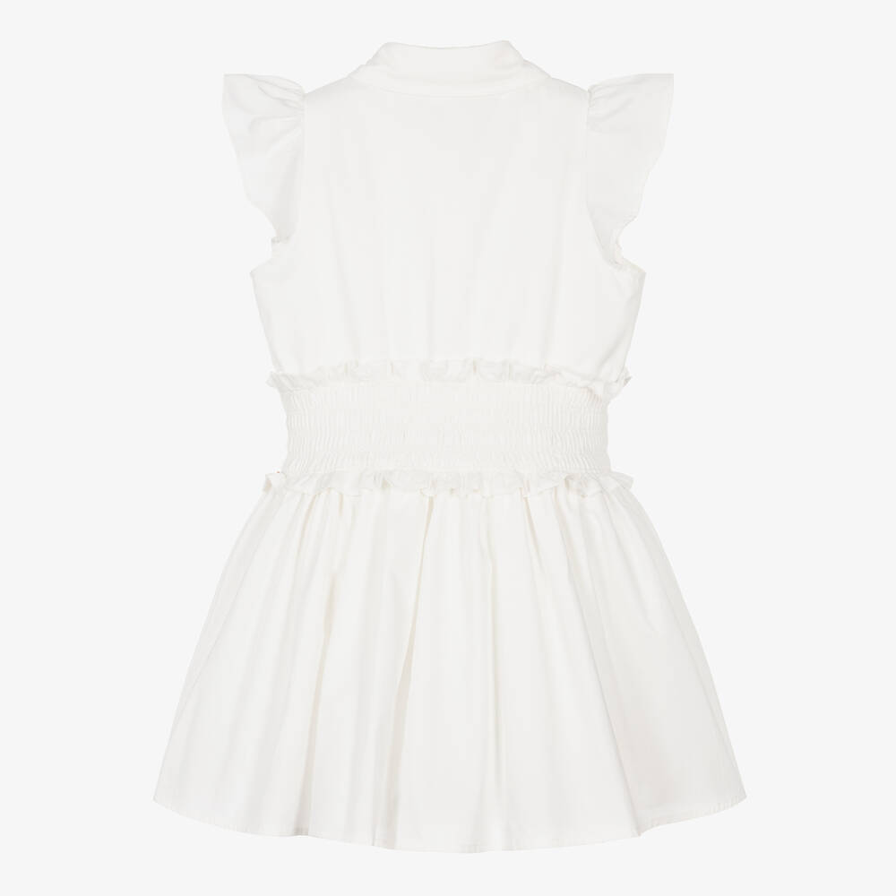 Fun & Fun-Girls White Cotton Ruched Waist Dress | Childrensalon Outlet
