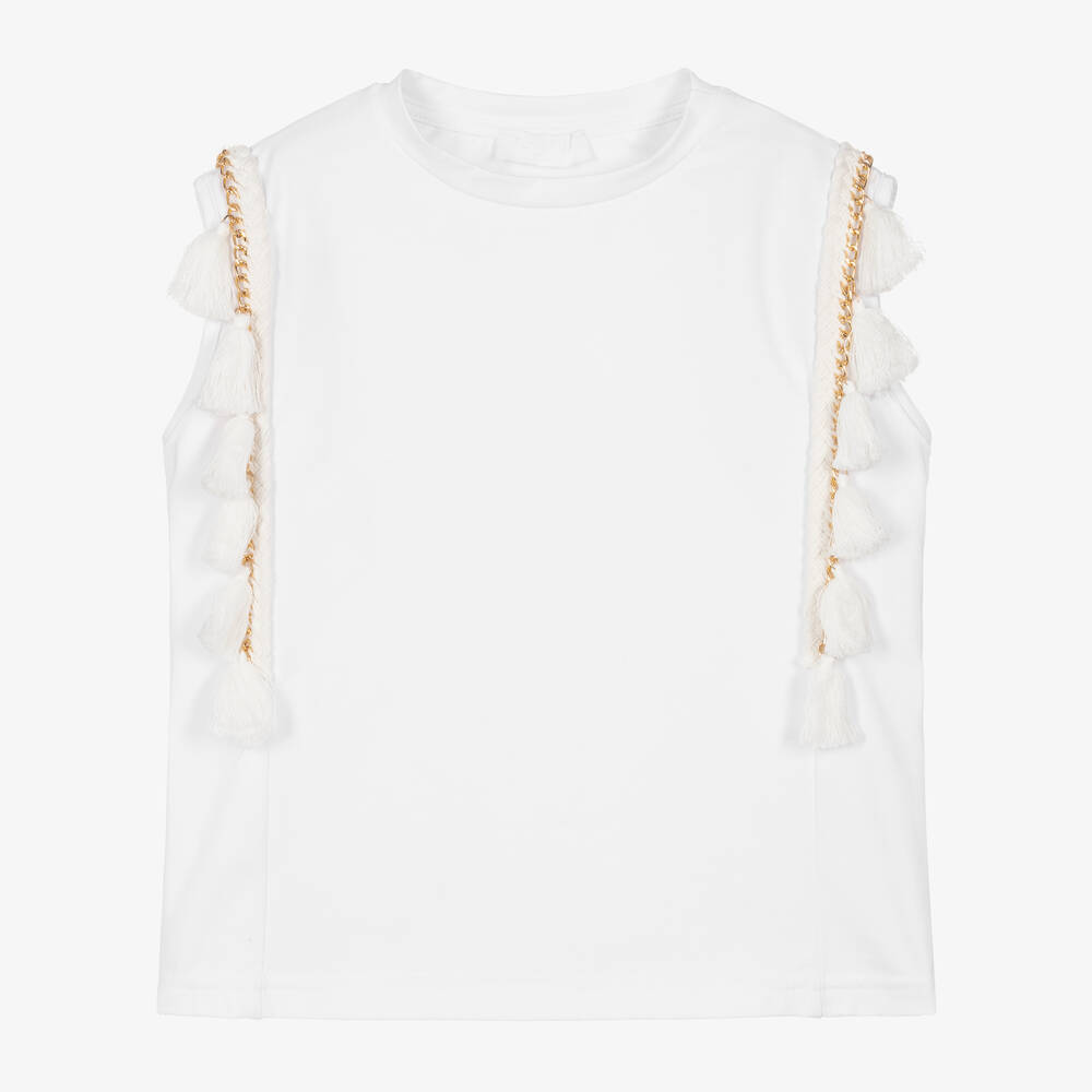 Fun & Fun-Girls White Cotton Tassle T-Shirt | Childrensalon Outlet