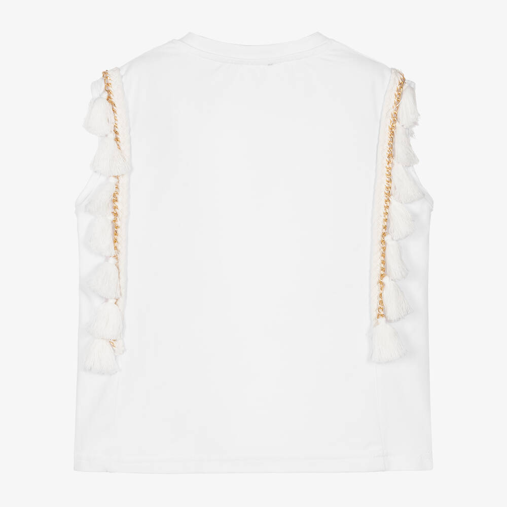 Fun & Fun-Girls White Cotton Tassle T-Shirt | Childrensalon Outlet