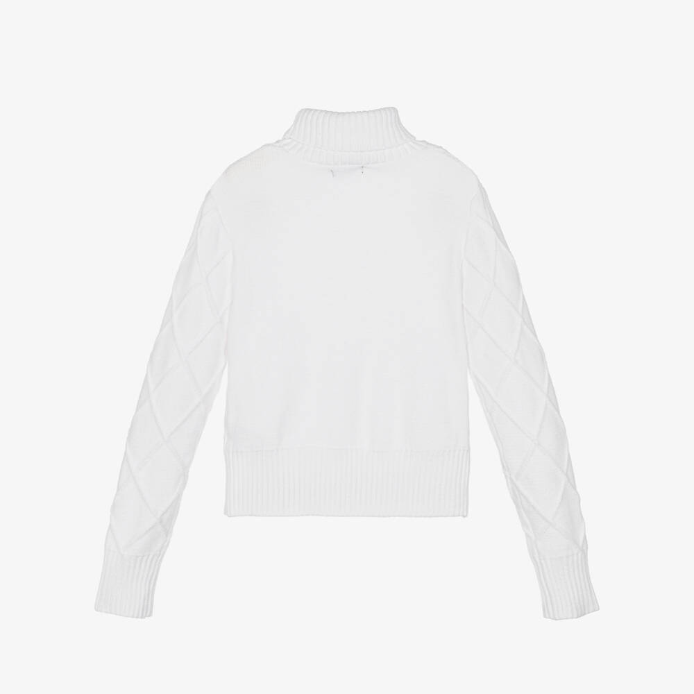 Fun & Fun-Girls White Knitted Diamanté & Bow Roll Neck Sweater | Childrensalon Outlet