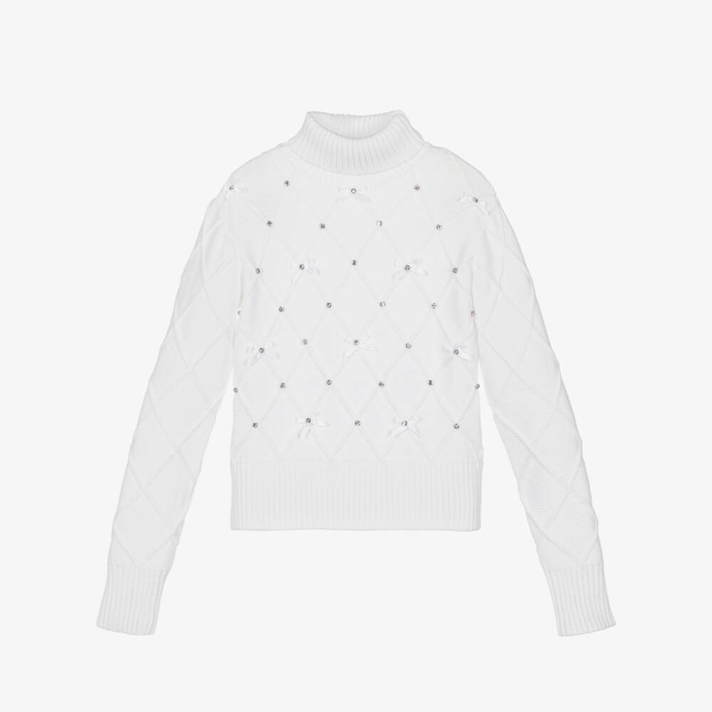 Fun & Fun-Girls White Knitted Diamanté & Bow Roll Neck Sweater | Childrensalon Outlet