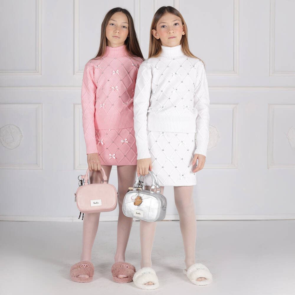 Fun & Fun-Girls White Knitted Diamanté & Bow Roll Neck Sweater | Childrensalon Outlet