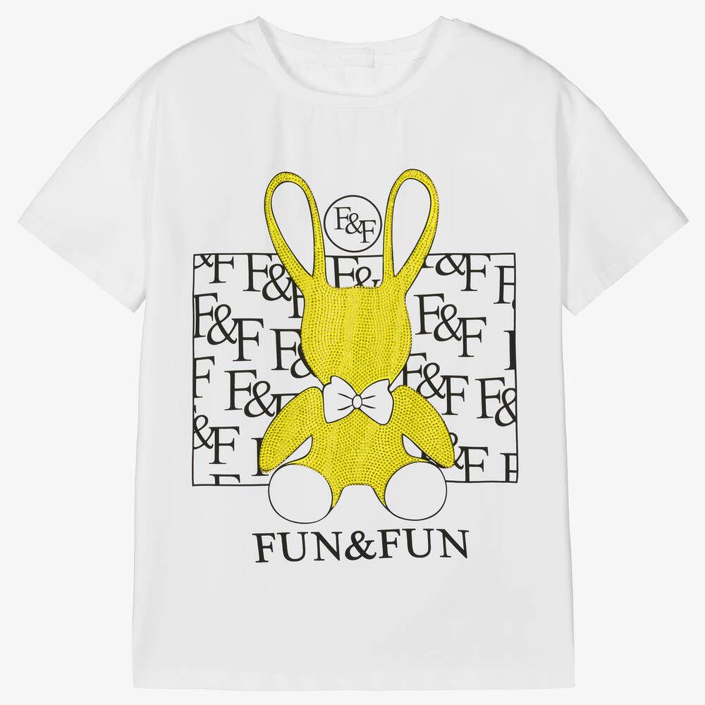 Fun & Fun - Girls White & Yellow Diamanté Bunny T-Shirt | Childrensalon