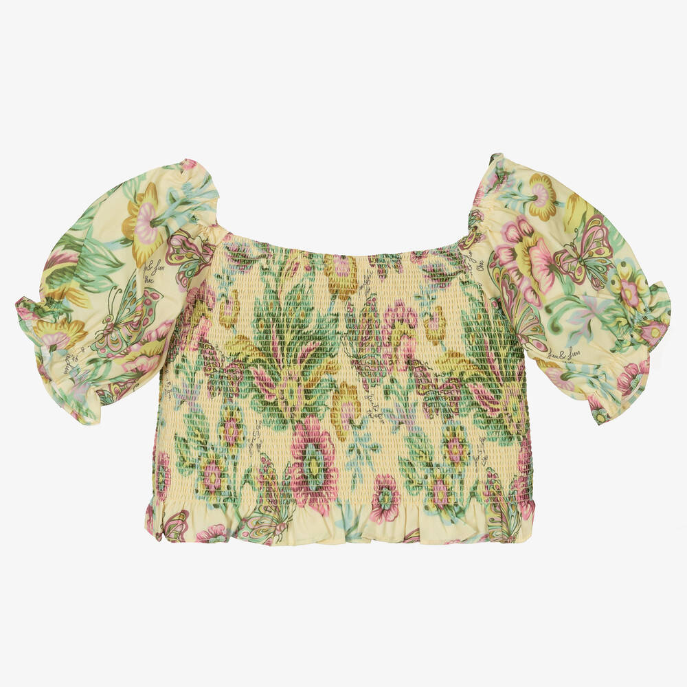 Fun & Fun - Girls Yellow Shirred Floral Blouse | Childrensalon