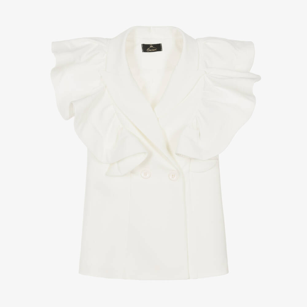 Fun & Fun Couture-Ivory Ruffle Trim Sleeveless Jacket | Childrensalon Outlet