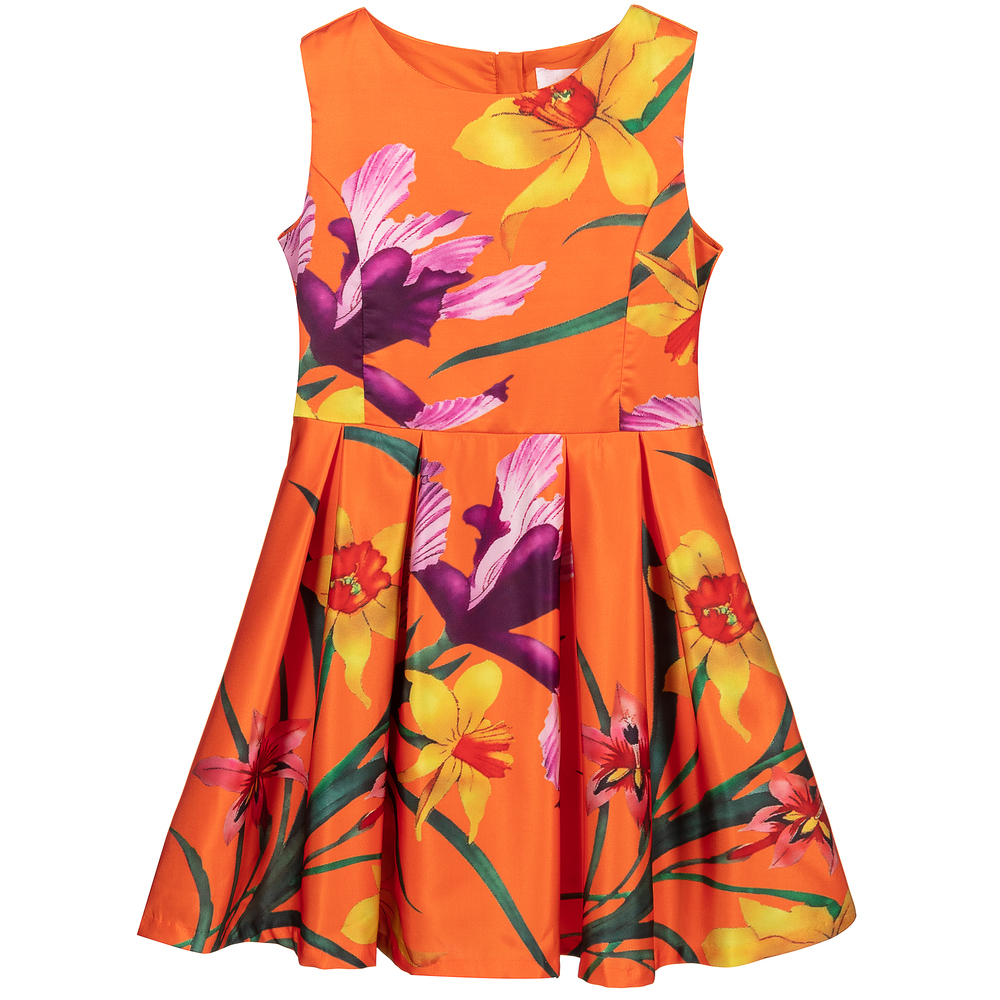 Fun & Fun - Orange Floral Satin Dress | Childrensalon