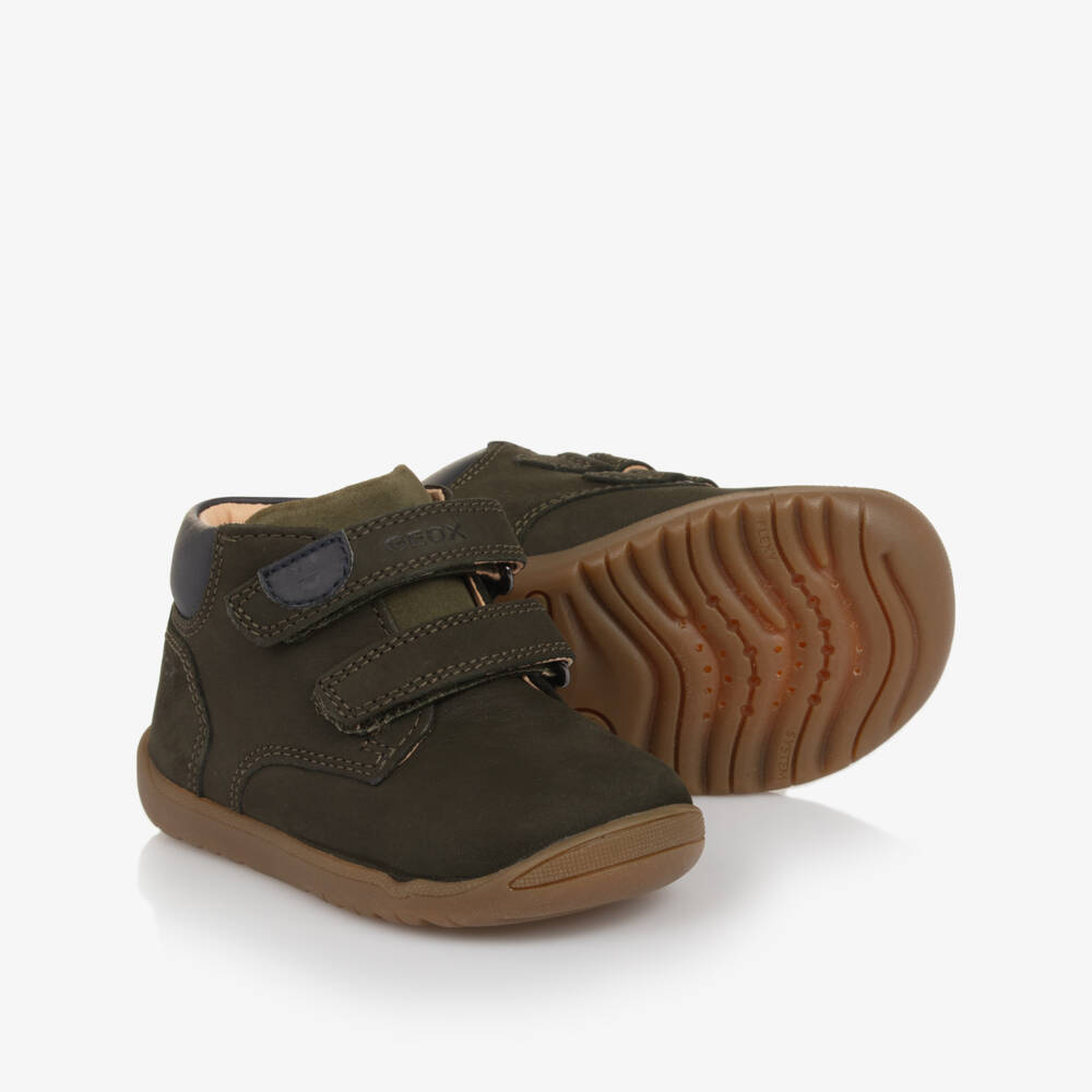 Geox-Boys Dark Green Leather Velcro First Walker Shoes | Childrensalon Outlet