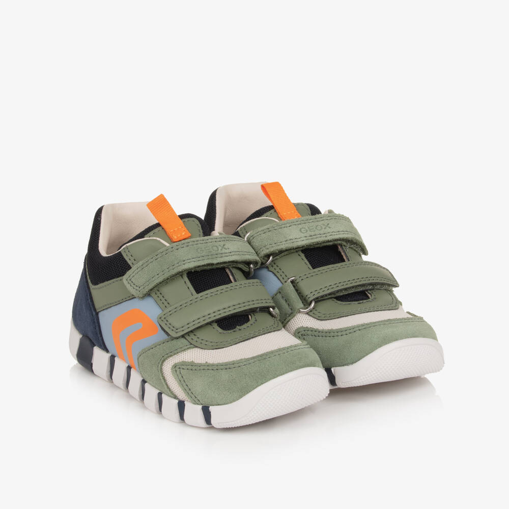 Geox-Boys Green & Navy Blue Leather Trainers | Childrensalon Outlet