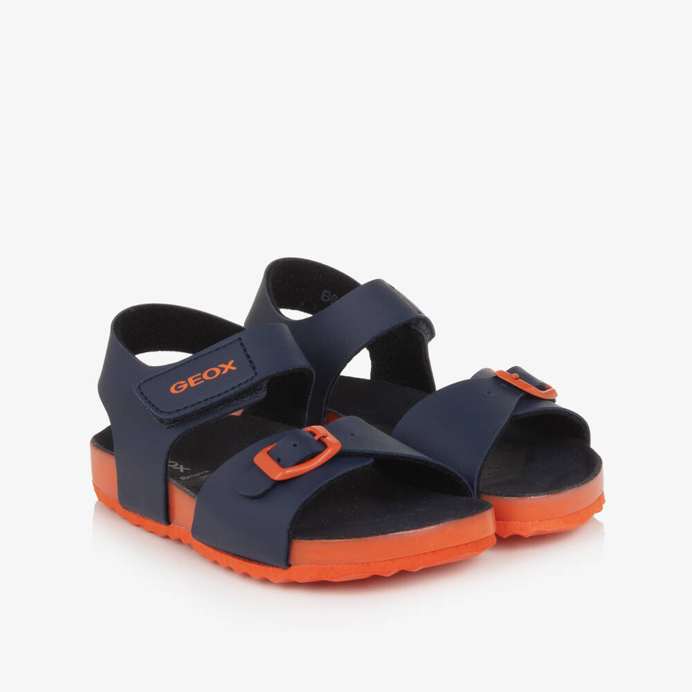 Geox-Boys Navy Blue Faux Leather Sandals with Orange Detailing | Childrensalon Outlet