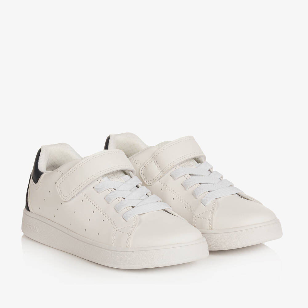Geox - Boys White & Blue Faux Leather Trainers | Childrensalon