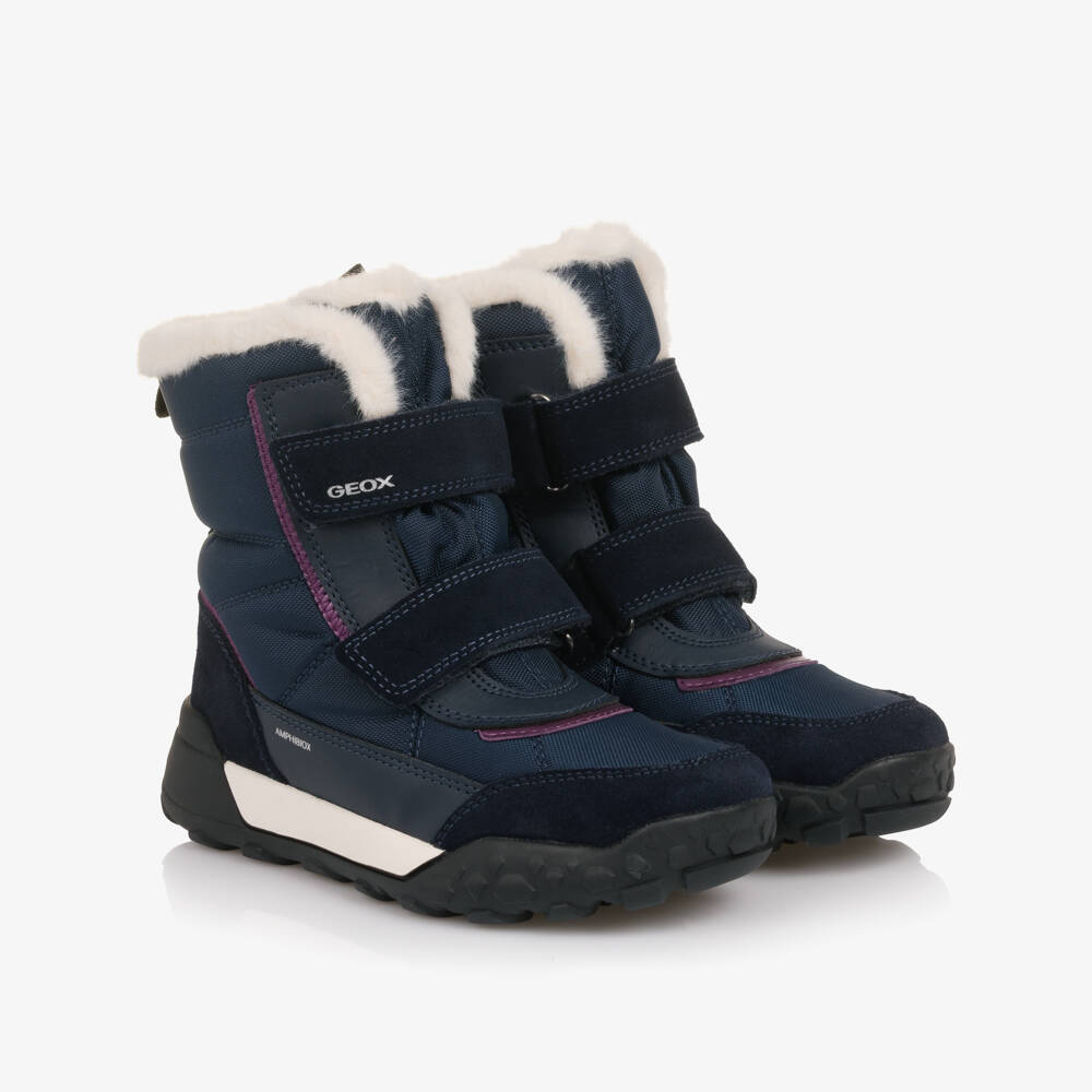 Geox-Girls Navy Blue Fur Lined Waterproof Boots with Purple Trim | Childrensalon Outlet