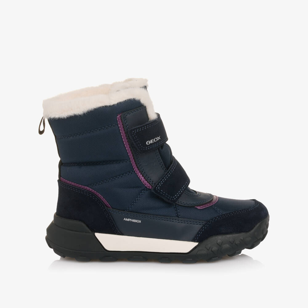 Geox-Girls Navy Blue Fur Lined Waterproof Boots with Purple Trim | Childrensalon Outlet