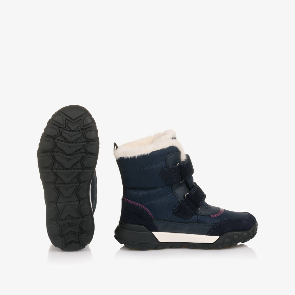 Geox-Girls Navy Blue Fur Lined Waterproof Boots with Purple Trim | Childrensalon Outlet