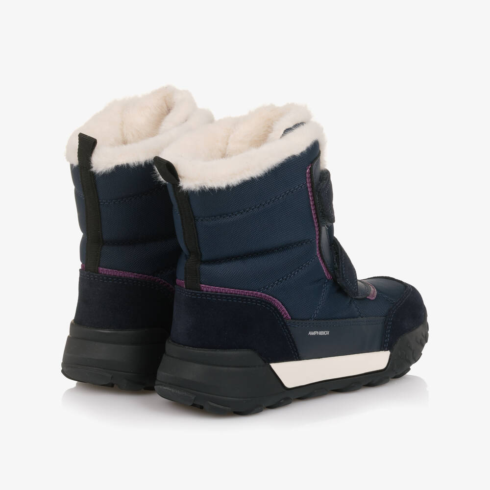 Geox-Girls Navy Blue Fur Lined Waterproof Boots with Purple Trim | Childrensalon Outlet