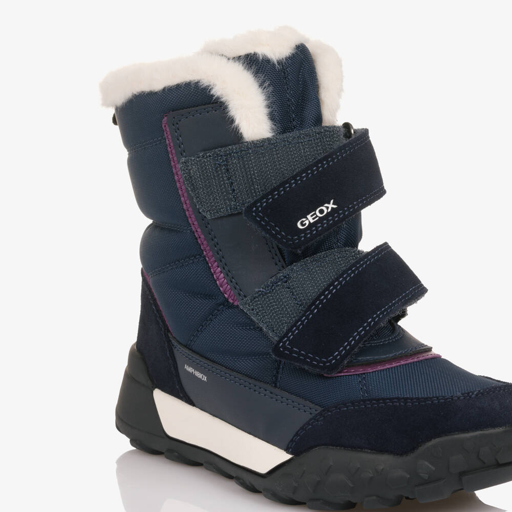 Geox-Girls Navy Blue Fur Lined Waterproof Boots with Purple Trim | Childrensalon Outlet