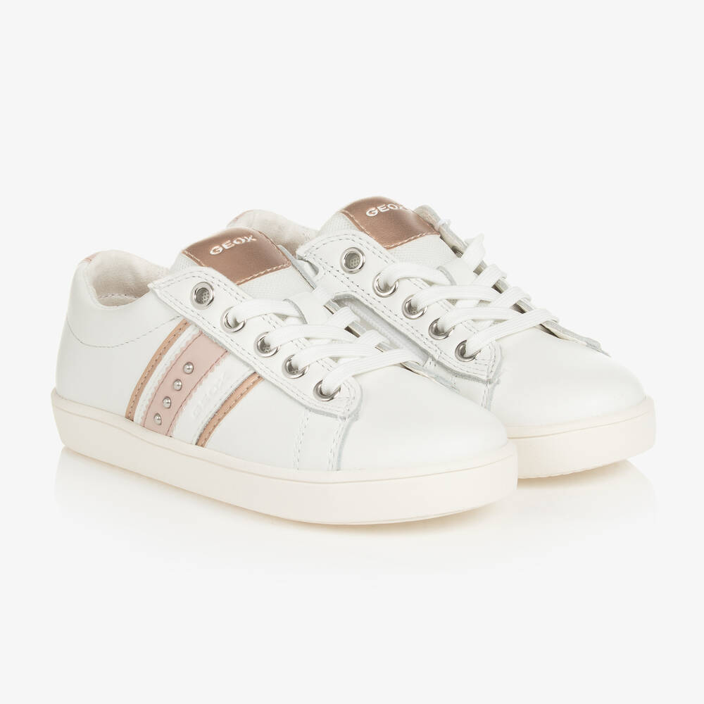 Geox - Girls White & Pink Leather Trainers | Childrensalon