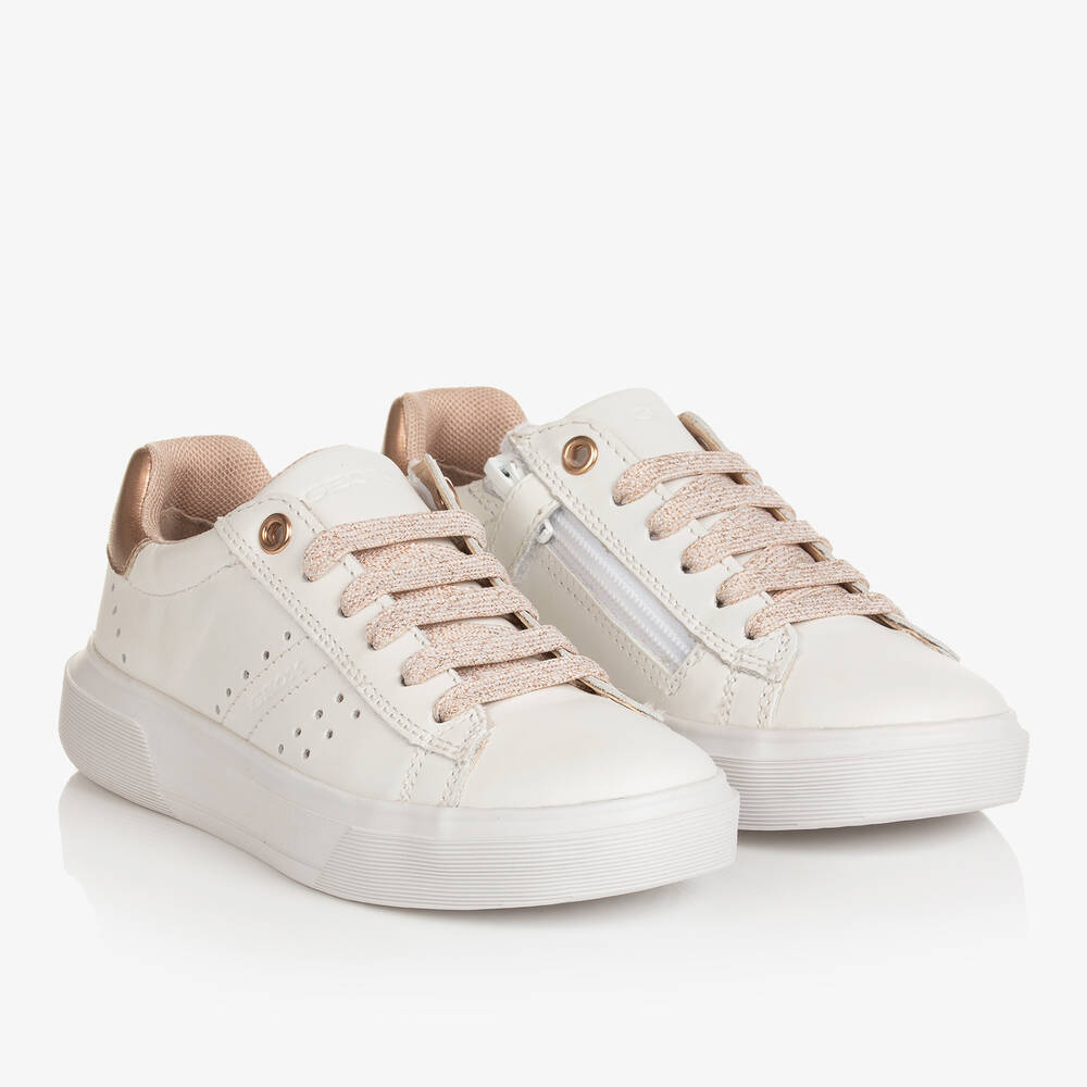 Geox - Girls White & Rose Gold Trainers | Childrensalon