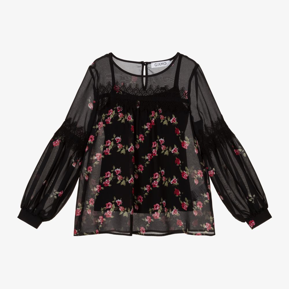 Giamo - Schwarze Chiffonbluse mit Rosen | Childrensalon