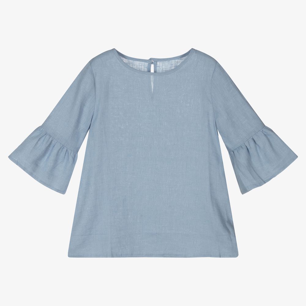 Giamo - Girls Blue Linen Blouse | Childrensalon