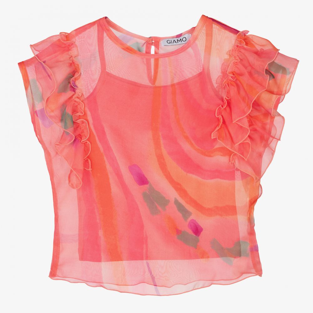 Giamo - Кораллово-розовая блузка с рюшами для девочек | Childrensalon
