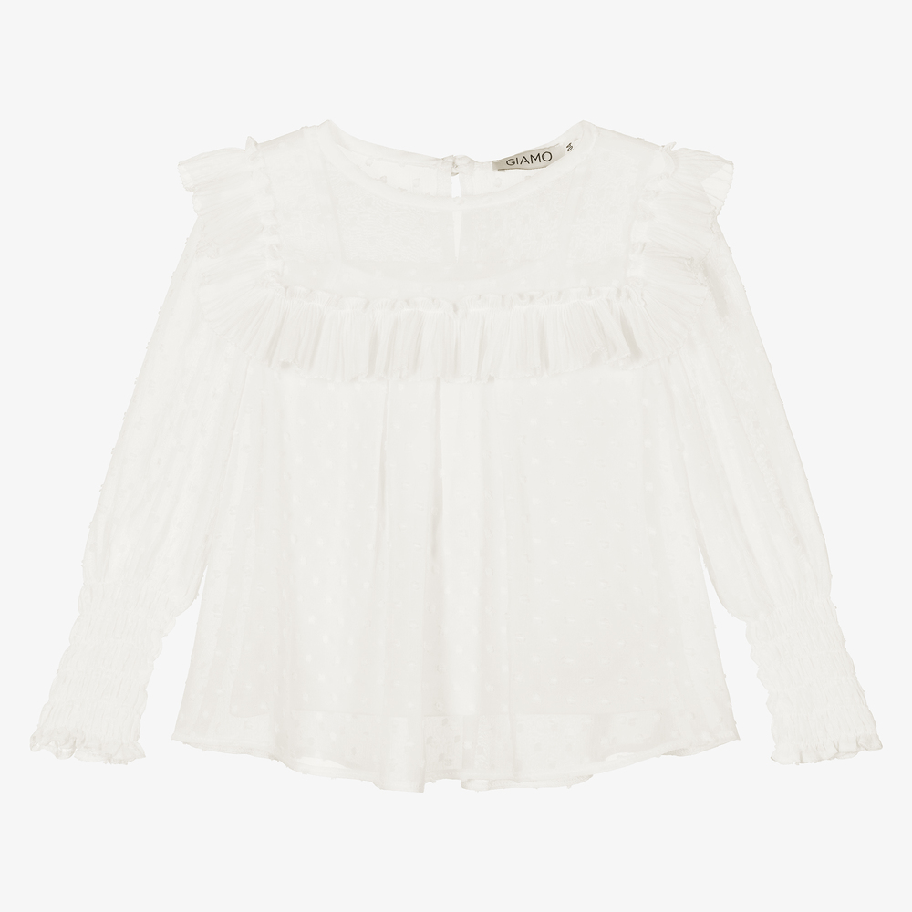 Giamo - Кремовая блузка из хлопка плюмети для девочек | Childrensalon