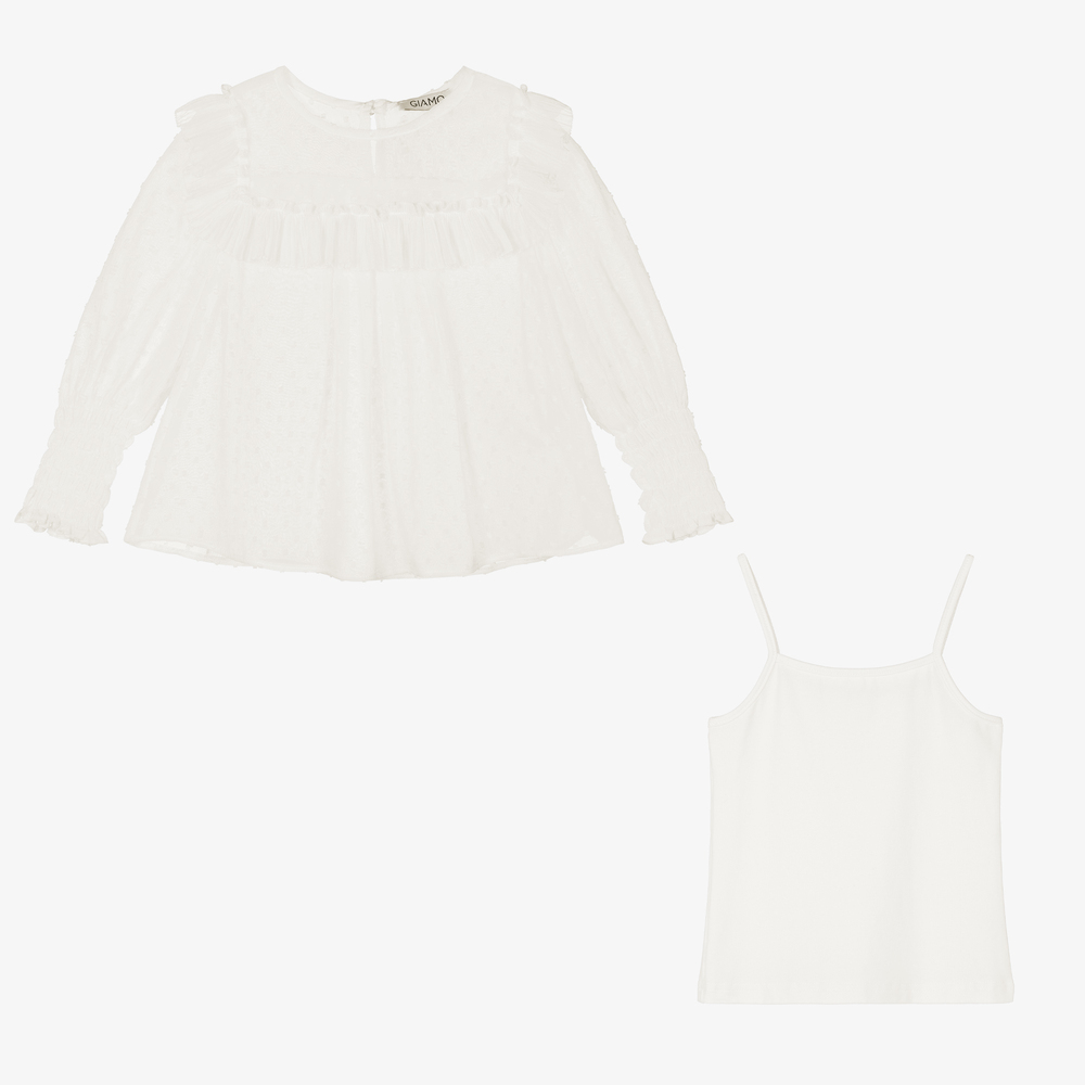 Giamo-Girls Ivory Plumeti Blouse | Childrensalon Outlet