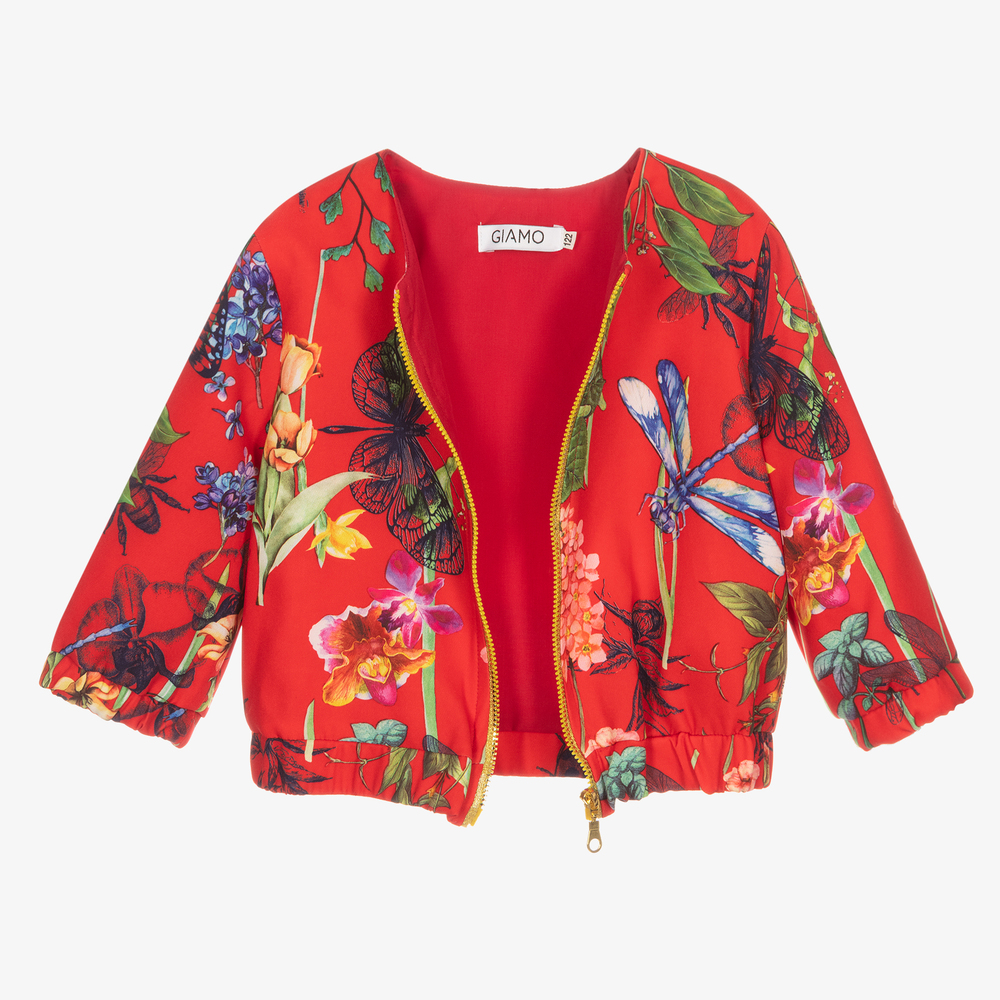 Giamo Girls Red Satin Floral Jacket