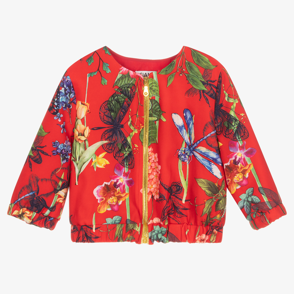 Giamo - Girls Red Satin Floral Jacket | Childrensalon
