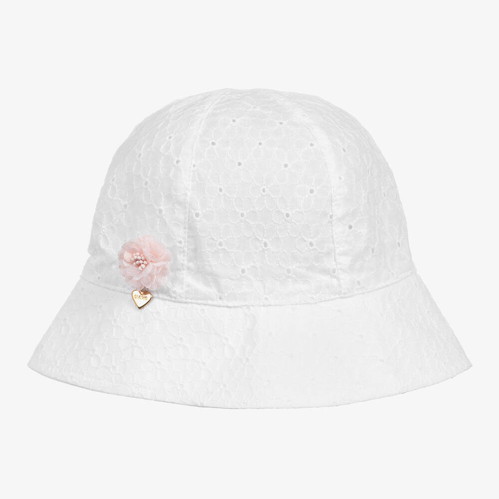 Giamo - Girls White Broderie Anglaise Sun Hat | Childrensalon