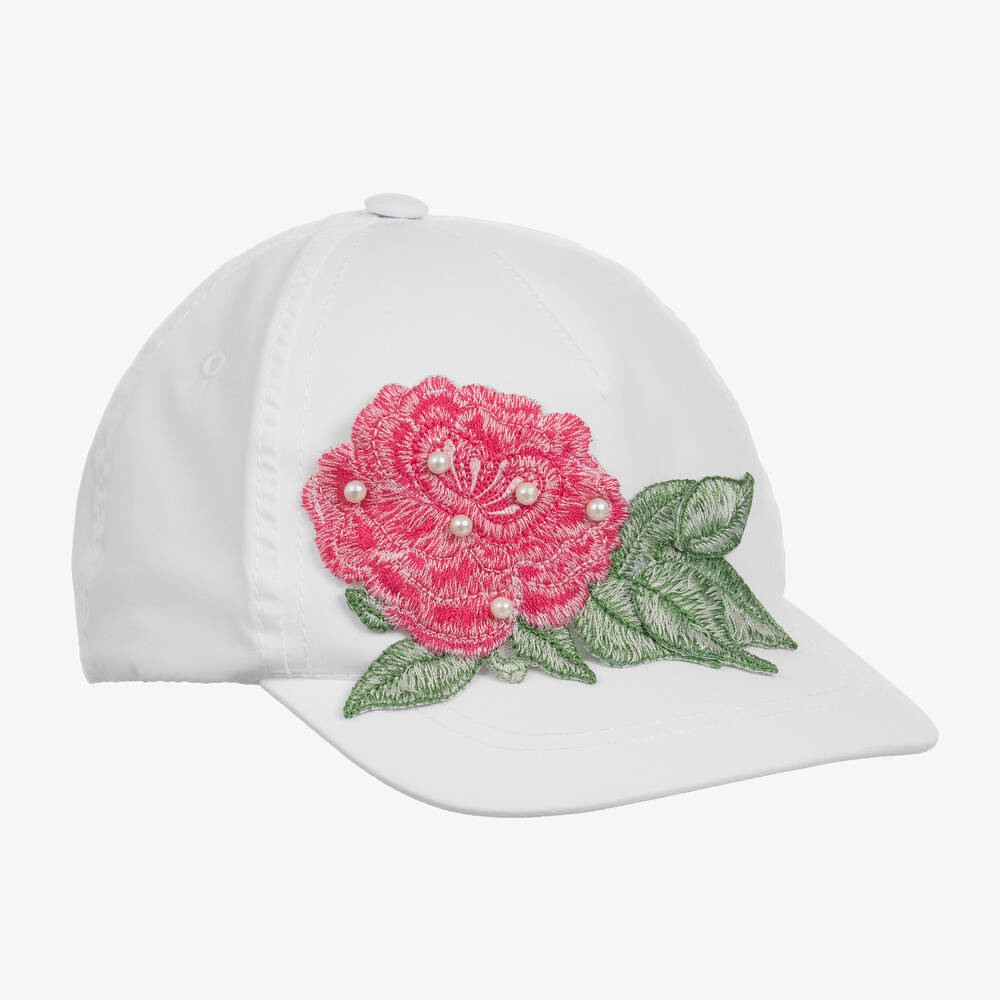 Giamo - Girls White Cotton Flower Cap | Childrensalon