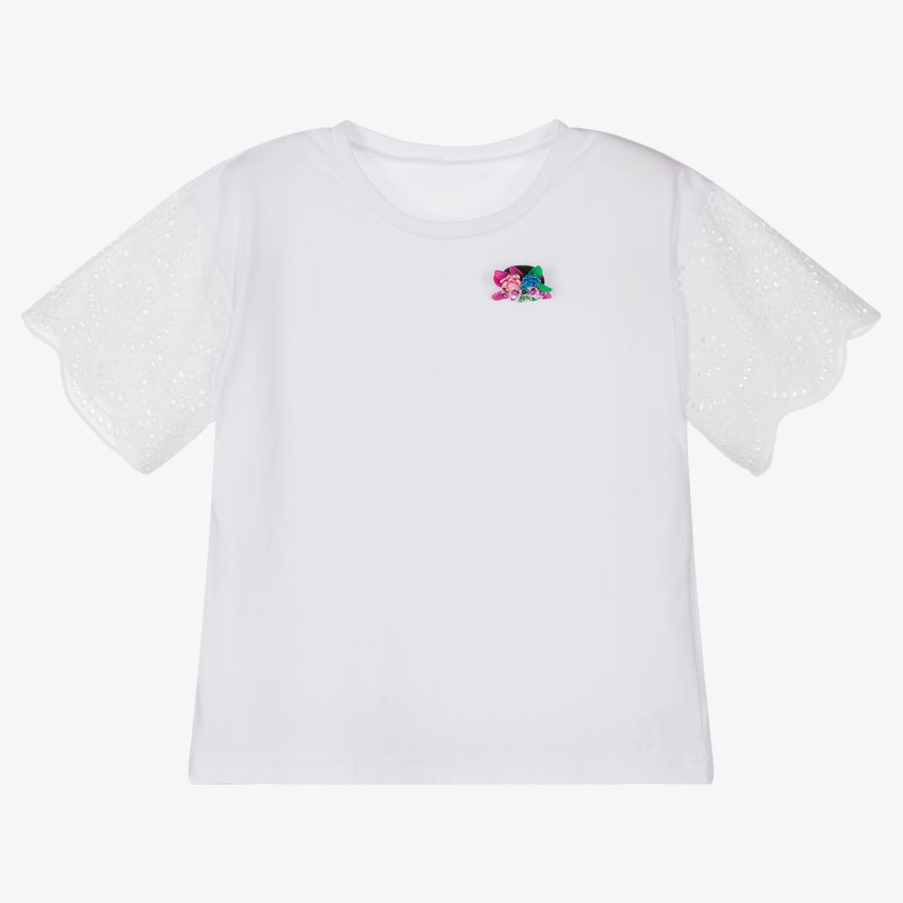 Giamo - Girls White Cotton T-Shirt | Childrensalon
