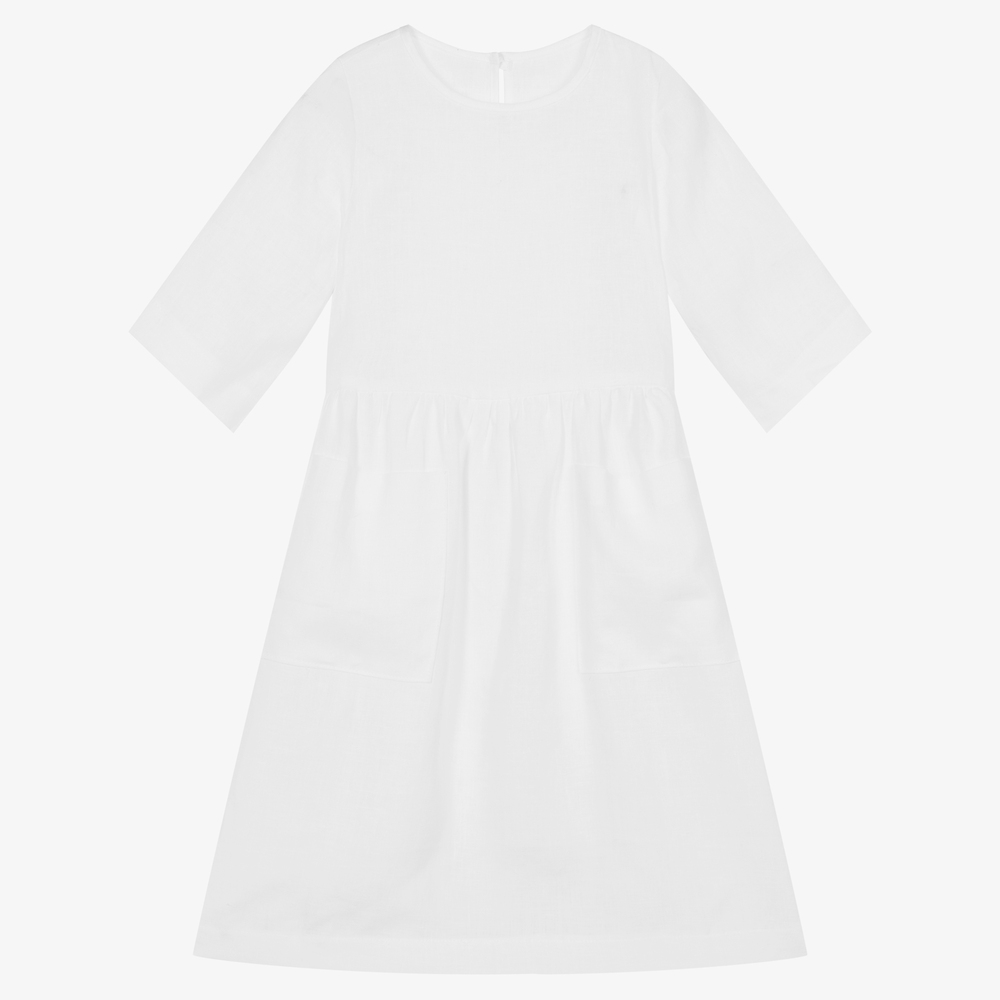 Giamo - Girls White Linen Dress | Childrensalon