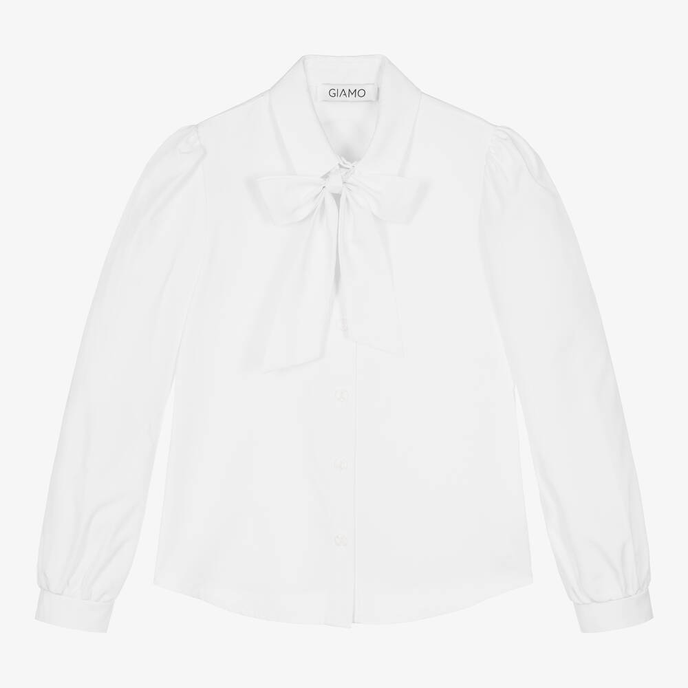 Giamo-Girls White Tie Neck Blouse | Childrensalon Outlet
