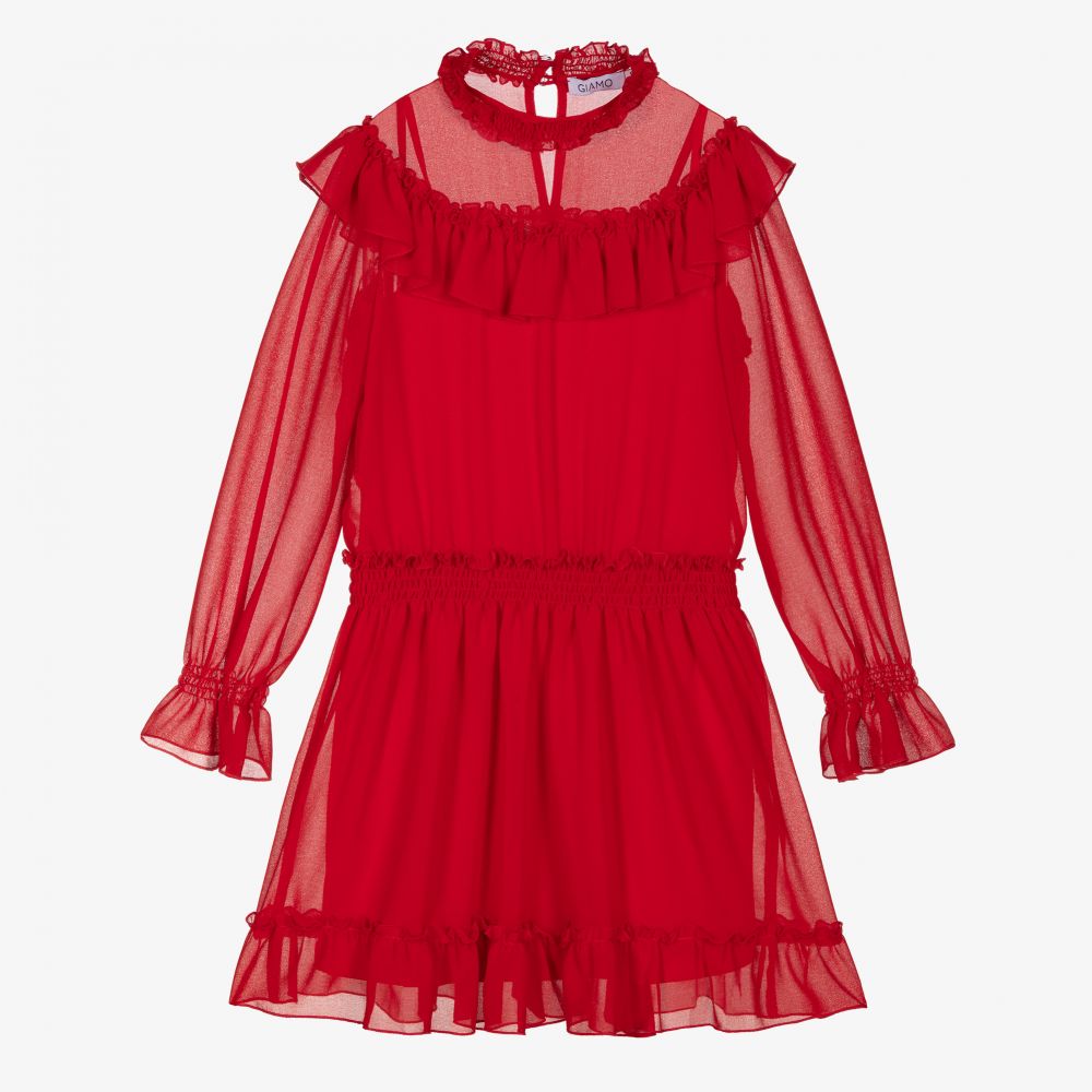 Giamo - فستان شيفون مزين بكشكش لون أحمر | Childrensalon