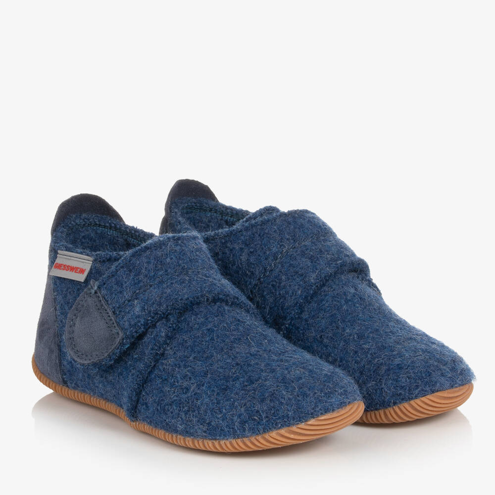 Giesswein-Blue Felted Wool Velcro Slippers | Childrensalon Outlet