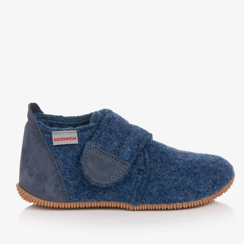 Giesswein-Blue Felted Wool Velcro Slippers | Childrensalon Outlet