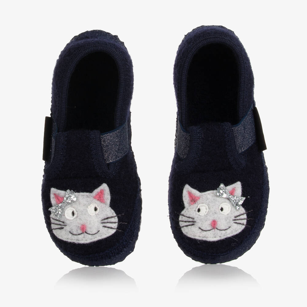 Giesswein - Blaue Wollhausschuhe mit Katze | Childrensalon