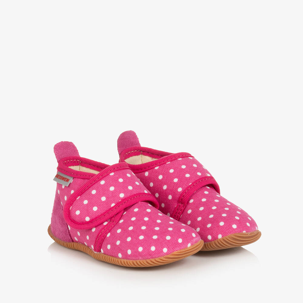 Giesswein - Girls Pink Cotton Polka Dot Slippers | Childrensalon