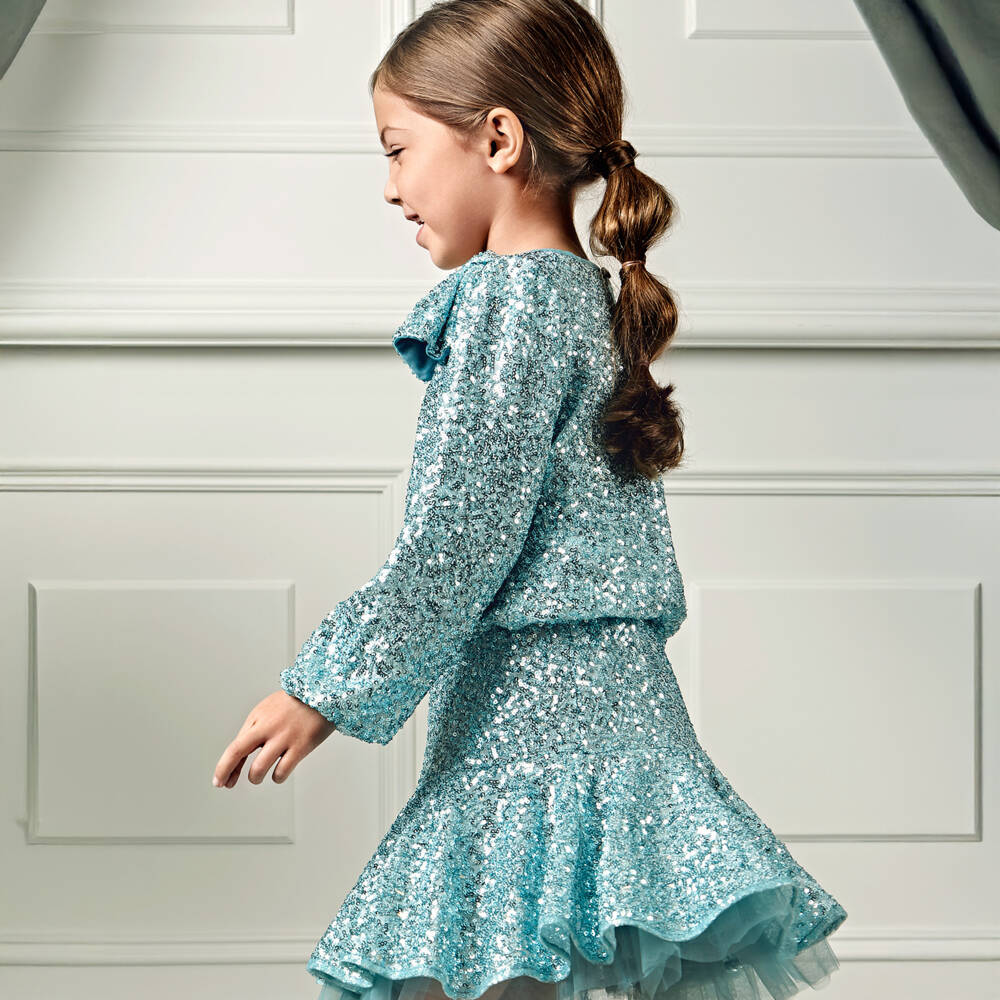 Abel & Lula-Girls Aqua Blue Sequin Skirt Set | Childrensalon Outlet