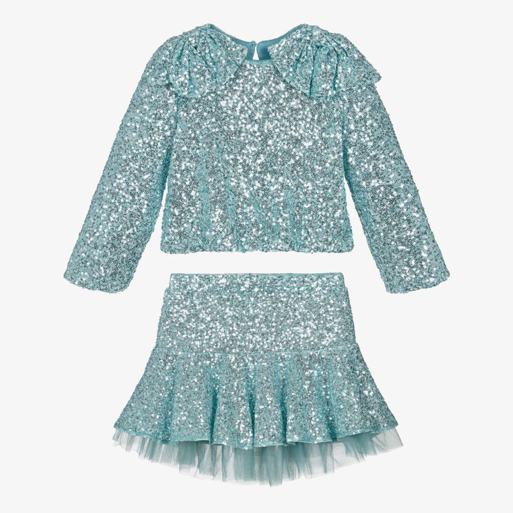 Abel & Lula-Girls Aqua Blue Sequin Skirt Set | Childrensalon Outlet