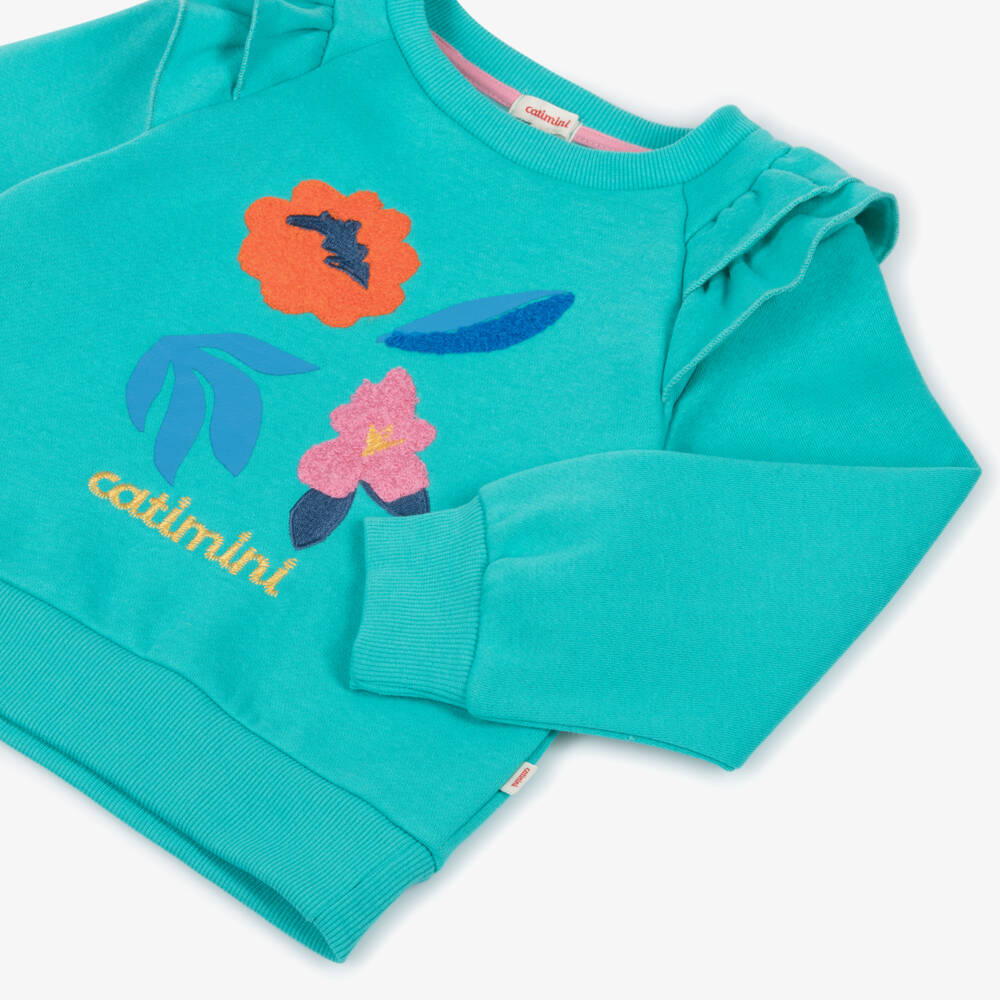 Catimini-Girls Aqua Green Cotton Logo Sweatshirt with Floral Embroidery | Childrensalon Outlet
