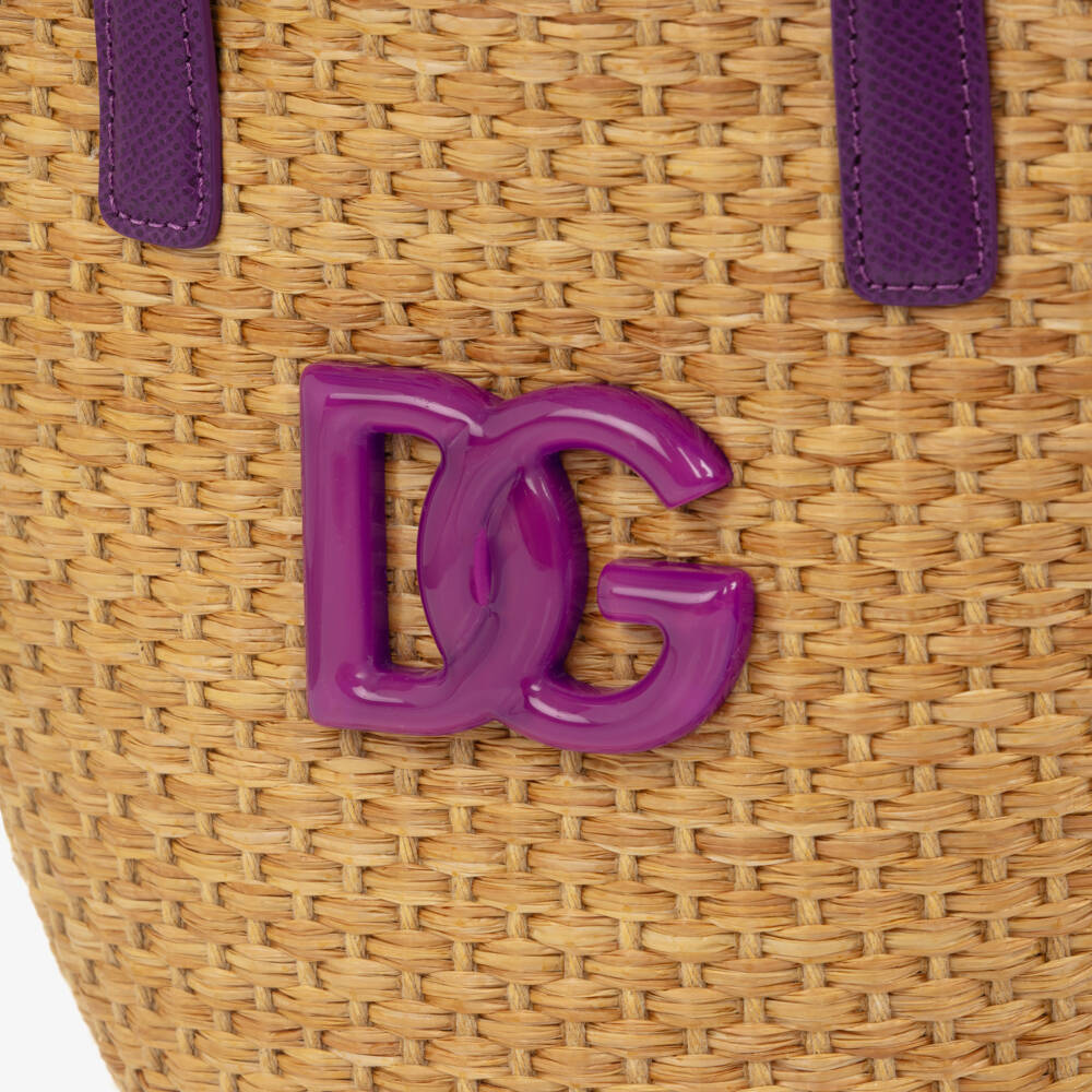 Dolce & Gabbana-Girls Beige Basket Handbag with Purple Majolica Print (28cm) | Childrensalon Outlet