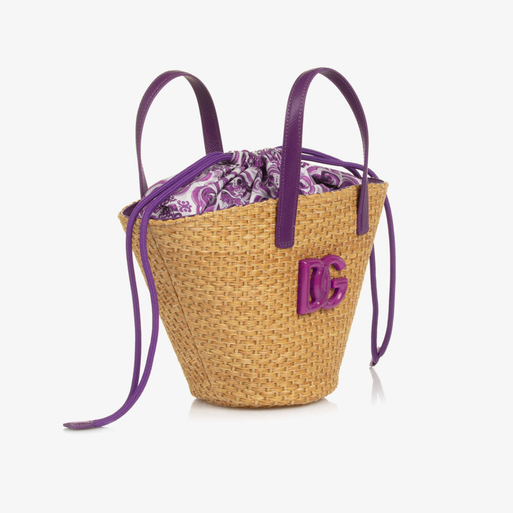 Dolce & Gabbana-Girls Beige Basket Handbag with Purple Majolica Print (28cm) | Childrensalon Outlet