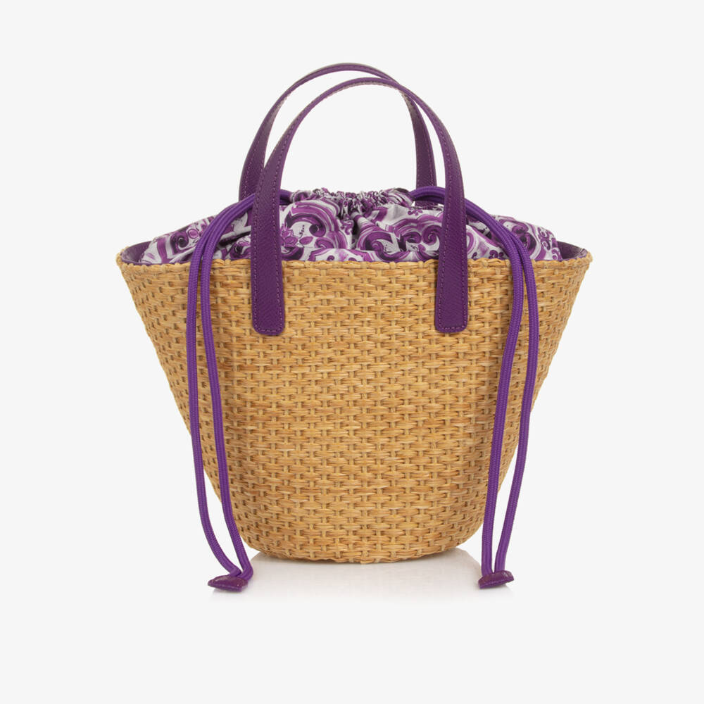 Dolce & Gabbana-Girls Beige Basket Handbag with Purple Majolica Print (28cm) | Childrensalon Outlet