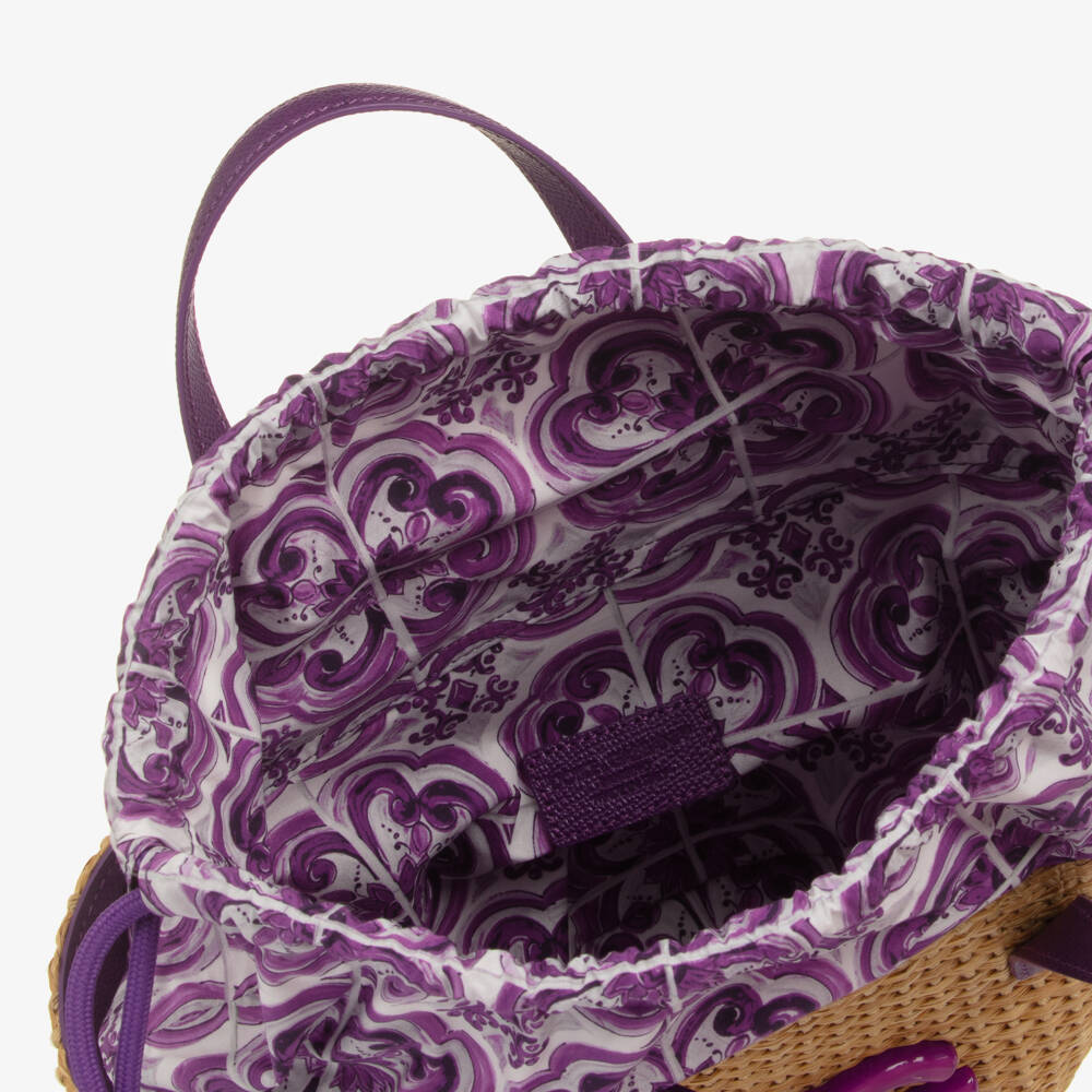 Dolce & Gabbana-Girls Beige Basket Handbag with Purple Majolica Print (28cm) | Childrensalon Outlet