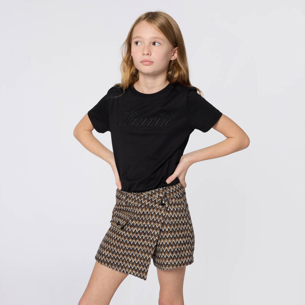 Lanvin-Girls Beige & Black Herringbone Cotton Skort | Childrensalon Outlet