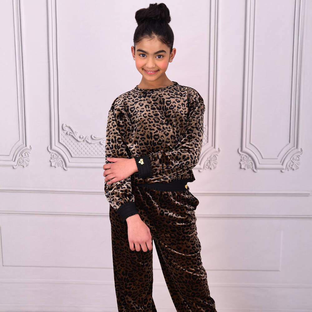 Angel's Face-Girls Beige & Black Leopard Velour Trouser Set | Childrensalon Outlet
