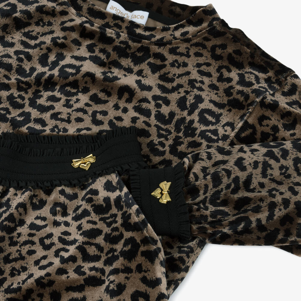 Angel's Face-Girls Beige & Black Leopard Velour Trouser Set | Childrensalon Outlet