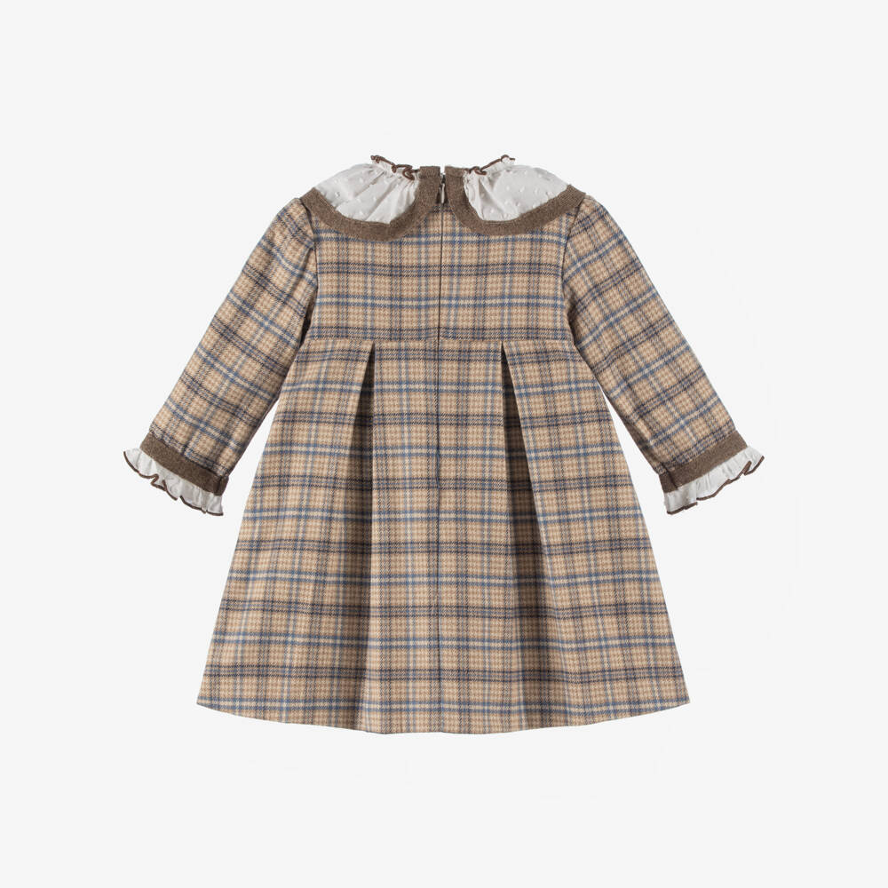 Foque-Girls Beige & Blue Checked Cotton Dress | Childrensalon Outlet